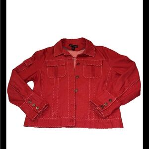 C Concept women’s sz 14 Red Denim Jean Jacket white stitch accents